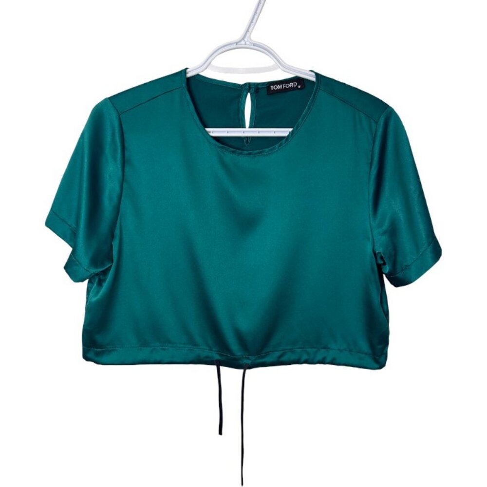 Tom Ford Green Satin Short Sleeve Crop Tee - Picture 2 of 5